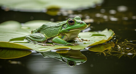 Obraz premium Green frog resting on water lily pad with reflection