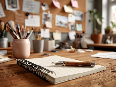 A pen rests on a notepad on a wooden desk near a bulletin board filled with notes in a creative workspace.