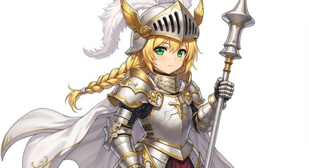 Young knight bravely stands brightly lit golden armor gleaming. AI Generated