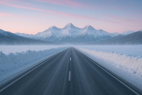 Lonely winter highway stretching into misty mountains covered in snow tire tracks and icy texture under pastel sunrise serene cold travel landscape