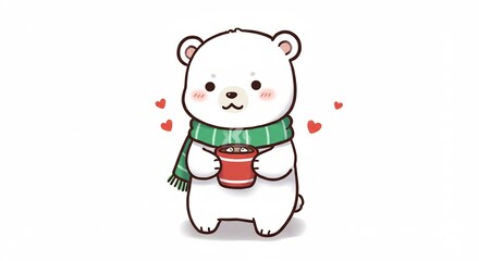 Adorable polar bear enjoys warm cocoa a cozy winter day. AI Generated