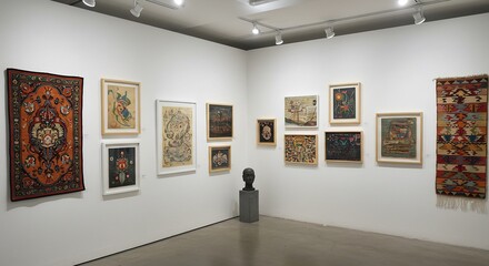 Fototapeta premium Gallery showcases vibrant textiles art softly lit. AI Generated