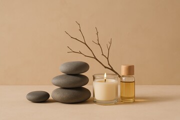 Minimal beauty branding scene with smooth stones dried branch and warm neutral palette clean front view mockup with generous copy space for packaging design