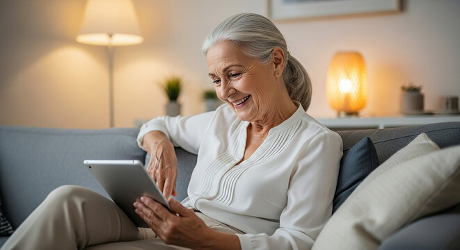 Happy senior woman using digital tablet at home