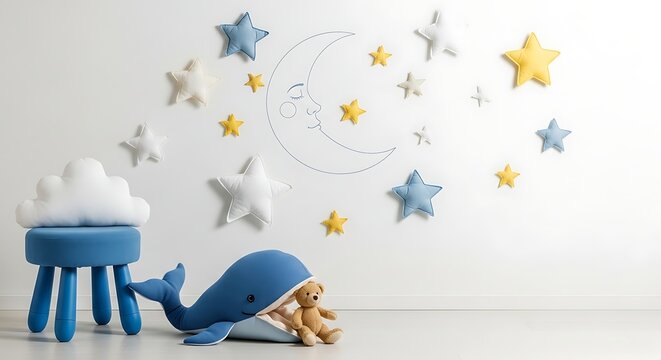 Nursery room decor with whale plush toy and star mobile for baby's peaceful sleep - Powered by Adobe