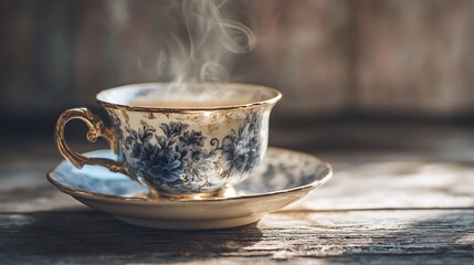 Elegant vintage tea cup with steam rising, placed on a saucer against a rustic wooden background