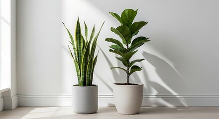 Obraz premium Two potted houseplants snake plant and fiddle leaf fig near window with natural light