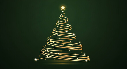 Golden christmas tree shining on green background