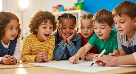 Enthusiastic children learning together in kindergarten classroom