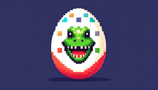 Pixelated Dinosaur Hatching from a Colorful Egg on Blue Background