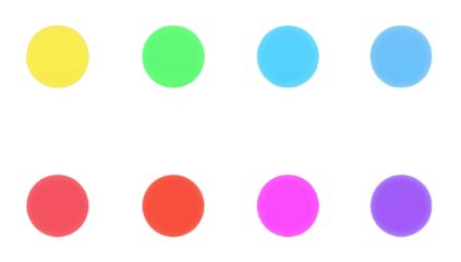 Eight brightly colored circles arranged in two rows of four, isolated on a white background, representing simple geometric shapes and digital elements