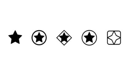 A versatile set of five black star icons for design. The collection shows solid and outline symbols within circular, diamond, and rounded square frames