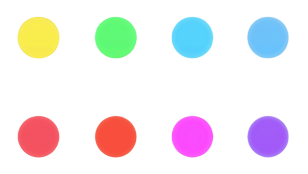 Eight brightly colored circles arranged in two rows of four, isolated on a white background, representing simple geometric shapes and digital elements - Powered by Adobe