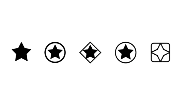 A versatile set of five black star icons for design. The collection shows solid and outline symbols within circular, diamond, and rounded square frames - Powered by Adobe