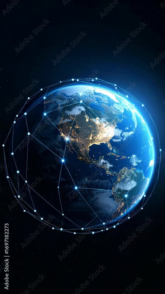 Poster planet earth surrounded by a network of connected glowing dots in space, showing light from urban ar