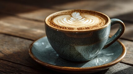 A beautifully crafted latte art in a ceramic cup on a wooden table, with warm sunlight casting shadows