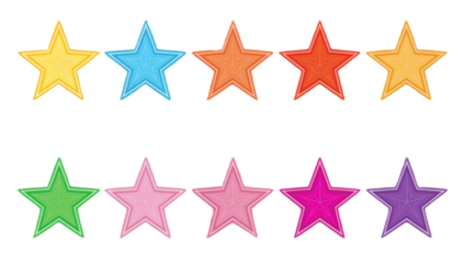 A vibrant collection of ten colorful felt stars arranged in two distinct rows, showcasing various bright hues on a clean white background, ideal for decorative elements or rating systems
