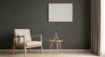 Modern living room scene with armchair artwork and side table featuring glassware