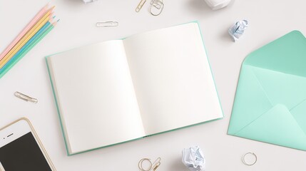 Minimalist Office Desktop: Notebook, Mint Green Envelope and Stationery