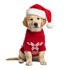 Golden retriever puppy wearing a christmas sweater and santa hat on transparent background
