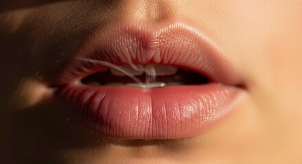 Fototapeta premium Close up of sensual lips with white fluid for beauty and health concept stock photo and high resolution image