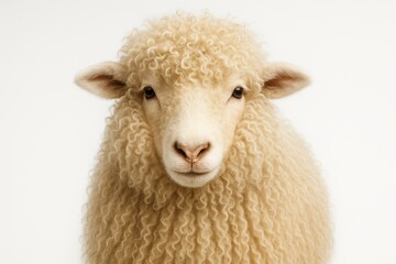 Adorable highland sheep portrait with curly wool coat isolated on pristine white background