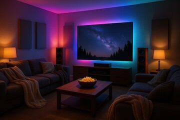 Ambient colored LED lighting sets a cozy home theater with plush sectional big screen and acoustic panels cinematic living room interior