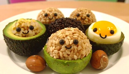Playful avocado boats filled with rice and smiling faces, a whimsical treat
