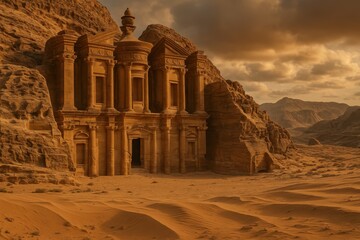 Ancient Roman Colosseum ruins standing majestically in desert landscape creating surreal historical and archaeological scene