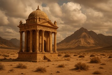 Ancient Roman Colosseum ruins standing majestically in desert landscape creating surreal historical and archaeological scene