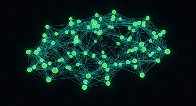 A complex network of interconnected nodes, visualized with glowing green spheres and lines against a dark background.