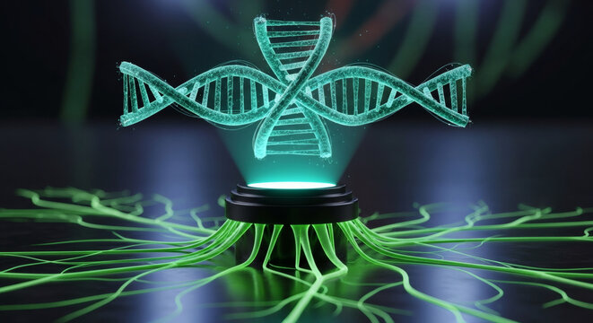 DNA hologram on a pedestal with glowing green roots. - Powered by Adobe
