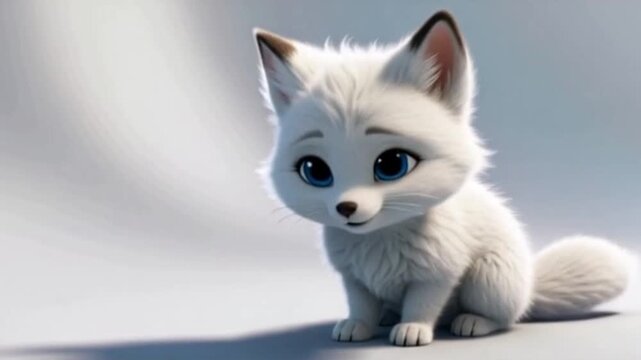 Wei&szlig;es Fuchsbaby mit flauschigem Fell, gro&szlig;en blauen Augen, freundlich lachend.