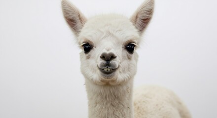 Fototapeta premium Adorable white alpaca baby stares intently soft light. AI Generated