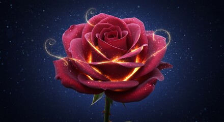 Glowing Crimson Rose Mystically Illuminated Dark Background. AI Generated