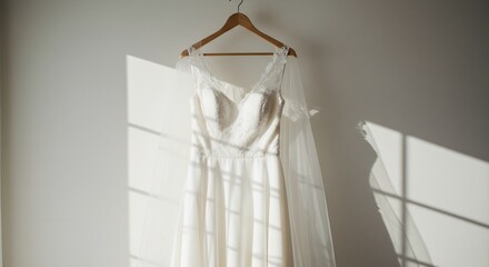 Elegant wedding gown hangs softly illuminated by warm sunlight streaming through window. AI Generated