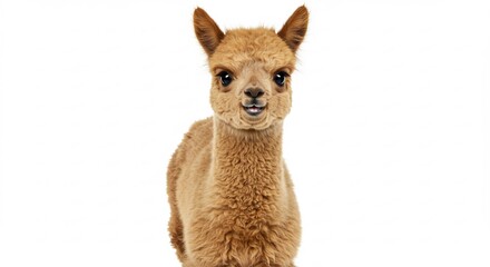 Adorable fluffy alpaca cheerfully poses against bright white background. AI Generated