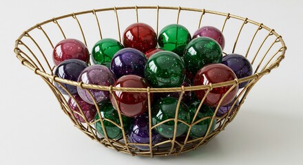 Colorful glass orbs rest gently in a stylish gold wire bowl.. AI Generated