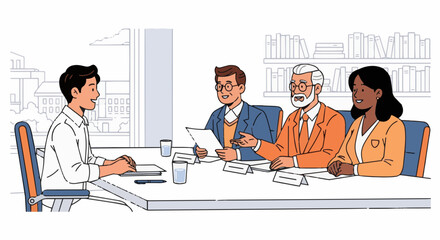 Illustration and photo concept of scholarship interview between student and academic panel.