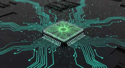 Close-up of a computer chip with glowing green circuits and connections on a dark background.