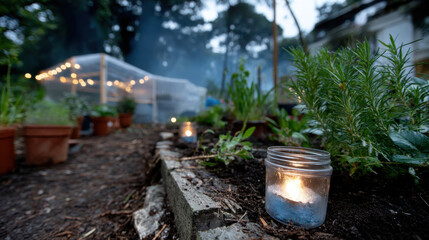 Fototapeta premium A serene garden path illuminated by glowing lanterns amidst verdant plant life, offering a tranquil escape perfect for reflection, connecting with nature, and celebrating autumn.
