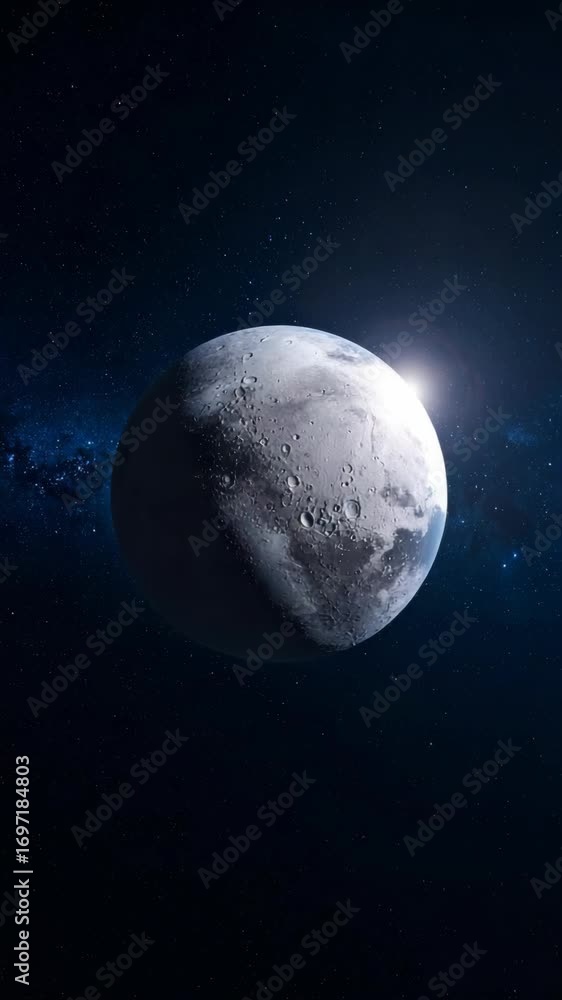 Poster detailed view of a realistic moon orbiting in deep space with stars, planets and asteroids on a blac