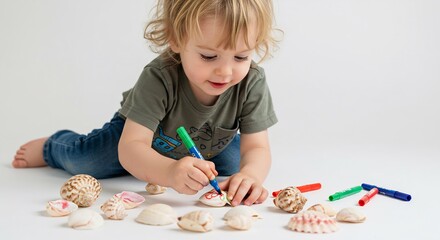 Toddler joyfully decorates seashells with bright markers soft light. AI Generated