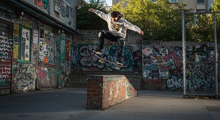Skater gracefully leaps over brick wall vibrant graffiti backdrop golden sunlight. AI Generated