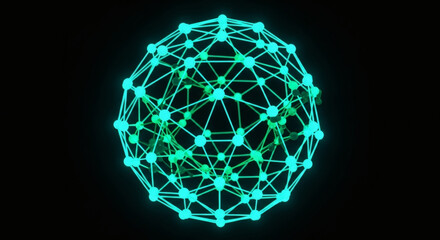 A glowing, intricate geodesic sphere composed of interconnected luminous nodes and lines, set against a dark, abstract background.