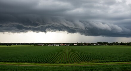 Dark storm clouds dramatically loom over vibrant green farmland. AI Generated