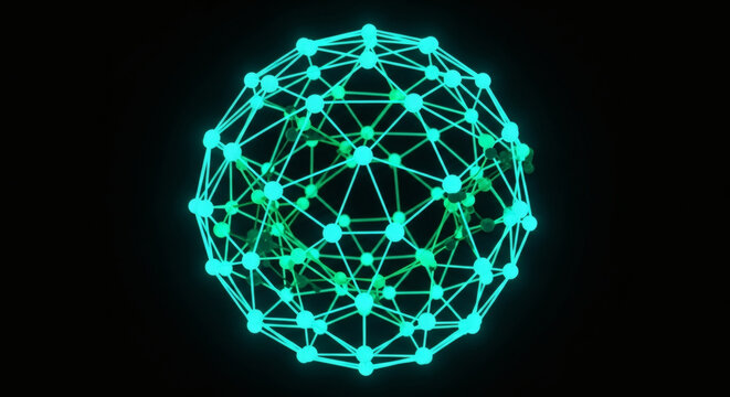 A glowing, intricate geodesic sphere composed of interconnected luminous nodes and lines, set against a dark, abstract background.