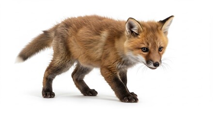 Adorable red fox kit playfully explores a bright white background. AI Generated