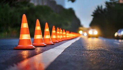 this image captures a series of orange traffic cones lined up on a paved road with vehicular lights blurred in the background highlighting a focus on roadside safety and alertness