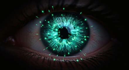 A close-up view of a human eye with a vibrant, glowing green iris, surrounded by a halo of small, luminous particles, suggesting advanced technology or digital enhancement.
